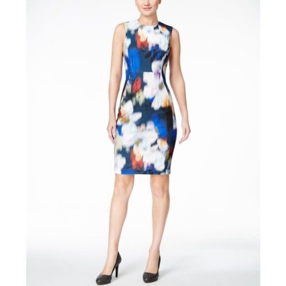 Calvin Klein Blurred Floral Sleeveless Scuba Sheath Dress Size 6 - Picture 1 of 10